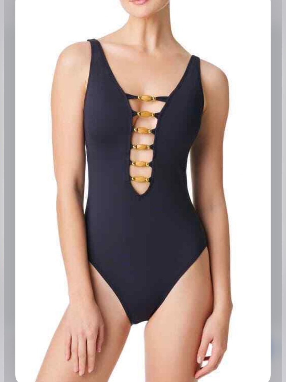 Bleu Rod Beattie Black One Piece Swimsuit Wood Bead Detail Cut Out Back Size 6
